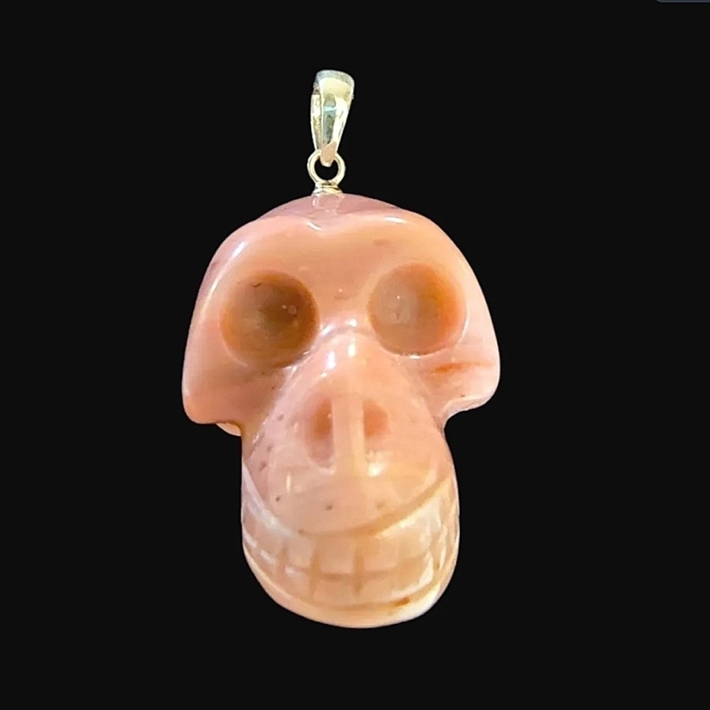 New Hand Carved Rhodonite Crystal Gemstone Skull Pendant Sterling Silver